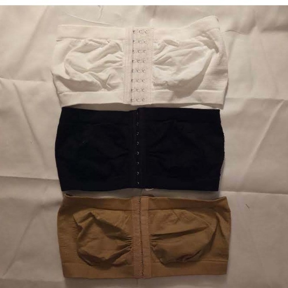 Set of 3 Seamless Front Closure Bandeau Bras Black White Tan Size L